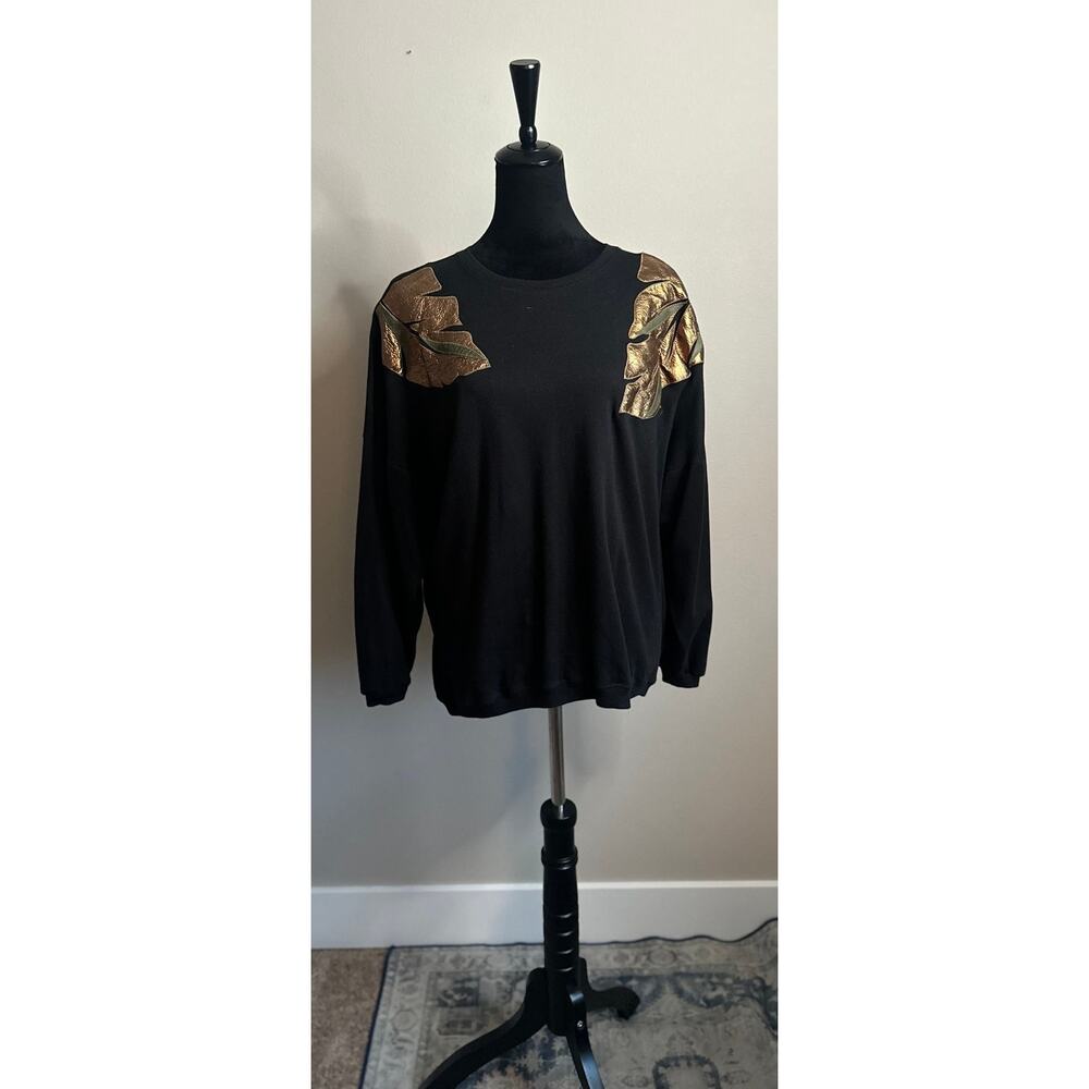 VINTAGE KAREN KANE Women's Cut Leather Detail Crew Neck Sweatshirt Size L
